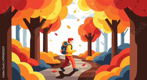 Backpacker trekking along a path through a dense autumn forest
