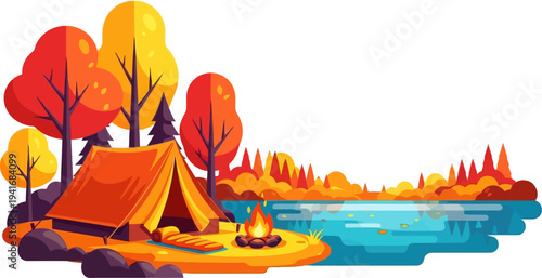 Camping tent by lake in autumn forest