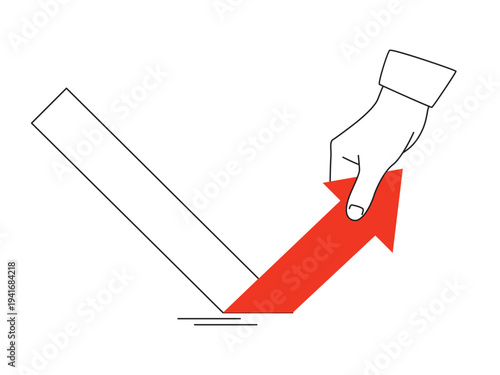 A hand pulls up a big red arrow. Vector illustration isolated on a white background