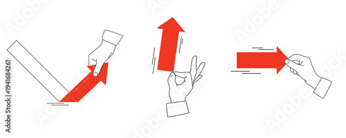 Collection of a hands with big arrows - outline illustration with red accent. Vector illustration isolated on a white background
