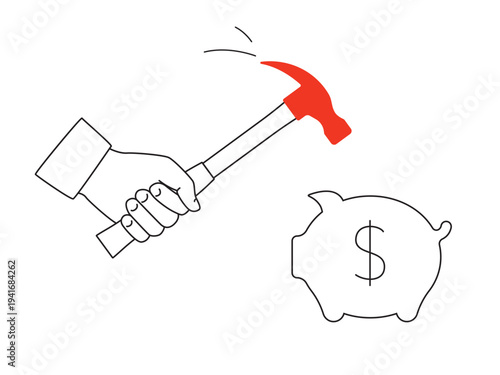 Piggy bank and a hand with a hammer. Money box smashed by a hammer - outline illustration with red accent. Vector illustration isolated on a white background