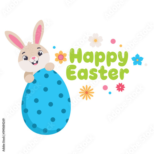 A festive Easter composition featuring a cute bunny peeking out from behind a large dotted egg, with the words "Happy Easter". Flat color vector illustration