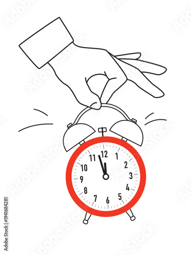 A hand holds ringing alarm clock - outline illustration with red accent. Vector illustration isolated on a white background