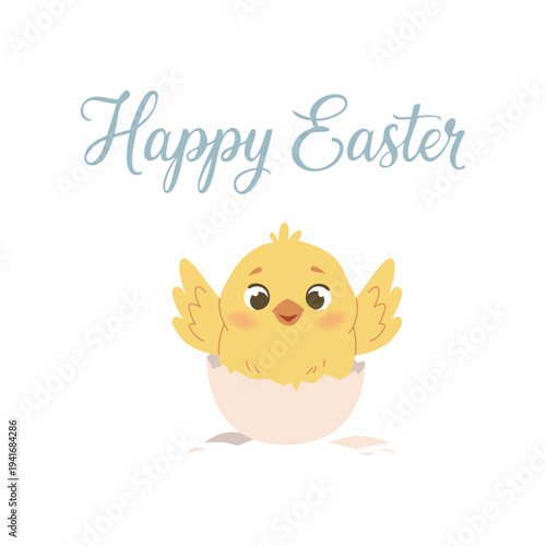 An Easter card with a chick hatching from an eggshell and the words "Happy Easter". Vector illustration isolated on a white background