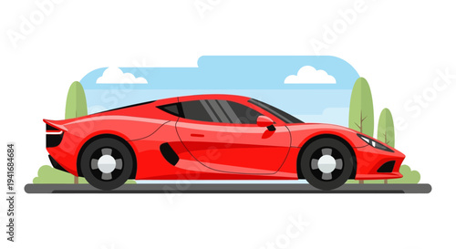 Sleek red sports car on a road in flat design