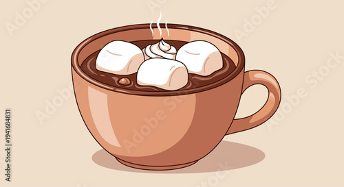 Steaming hot chocolate with marshmallows in a brown mug