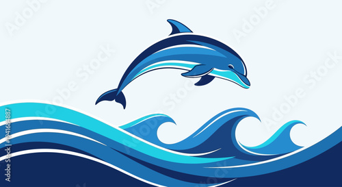 Stylized blue dolphin jumping over ocean waves graphic