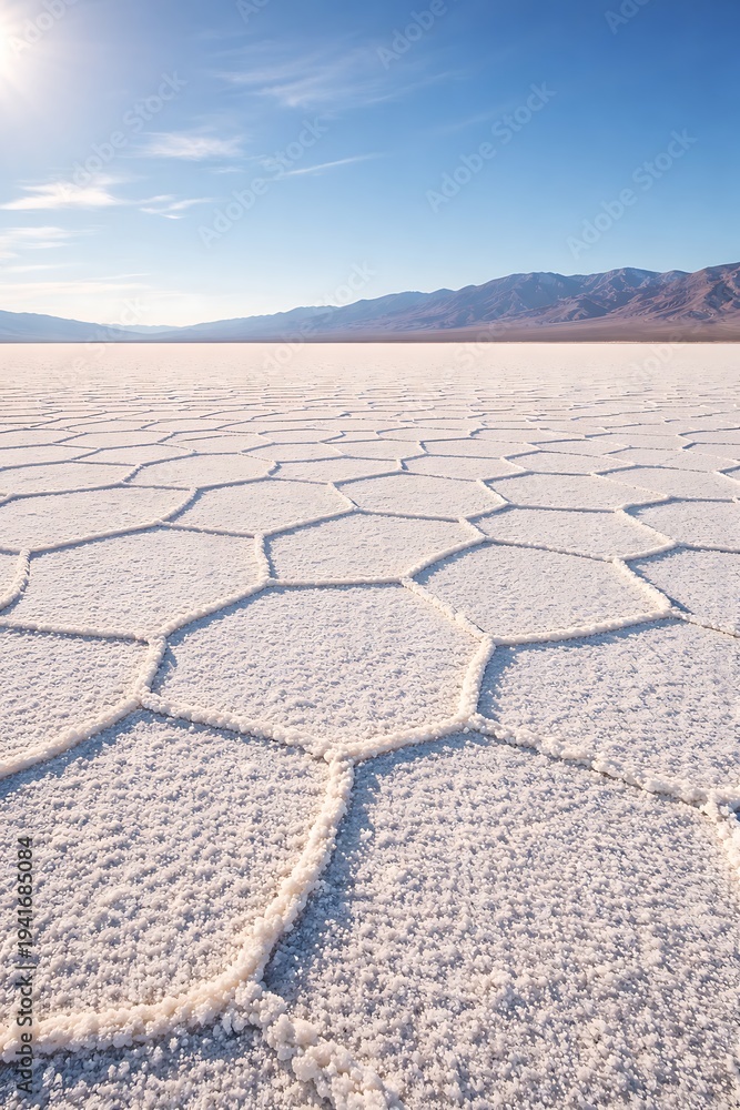 Fototapeta premium Vast, sunlit salt flats with a tiled texture, extending to a distant mountain range under a clear blue sky.