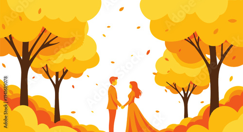 Elegant couple standing together in a bright yellow autumn woodland
