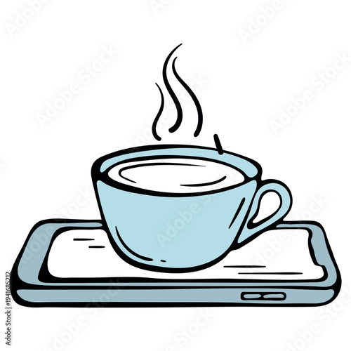 Real life over digital and coffee break without phone icon. Cup of hot drink standing on a smartphone. Hand drawn doodle style.