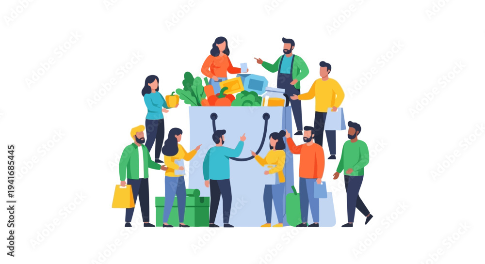 Fototapeta premium Collaborative Community Shopping Illustration: Diverse Group Fills Large Retail Bag with Groceries & Consumer Goods