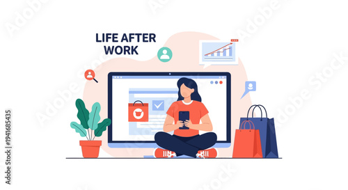 Modern Woman Shopping Online and Relaxing After Work: Digital Lifestyle and Leisure Activities