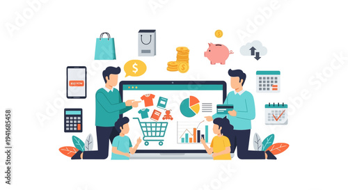 E-commerce & Digital Business Management: Online Shopping, Financial Planning, & Data Analytics Illustration