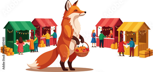 Fox character carrying pumpkin basket at autumn market