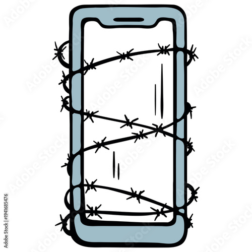 Social media toxicity and dangerous internet connection icon. Smartphone wrapped in barbed wire. Hand drawn doodle style.