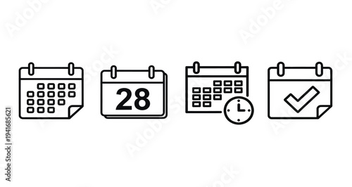 Set of 4 Black Outline Calendar Icons Vector for Schedule Management, Event Planning, Date Selection, and Appointment Tracking