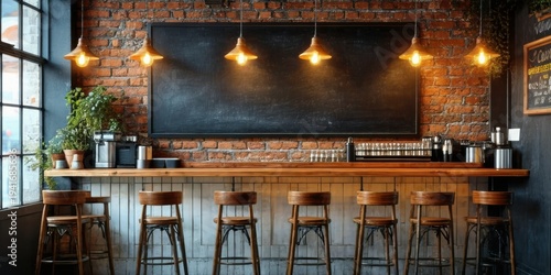 Rustic bar interior. Brick wall, wooden counter, stools. Warm lighting creates inviting atmosphere. Plants add natural touch.