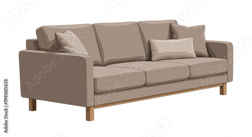 A modern neutral toned three seater sofa with accompanying throw pillows