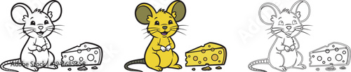 Three cartoon mice with cheese one colored in yellow
