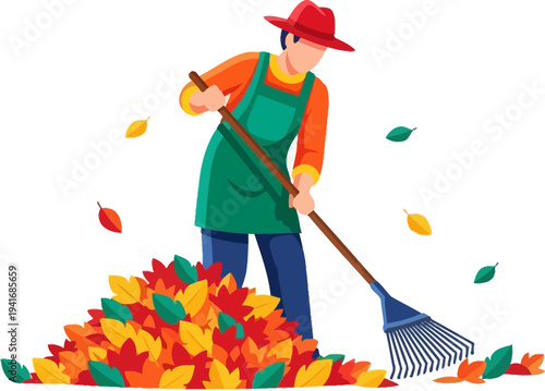 Gardener raking autumn leaves in yard