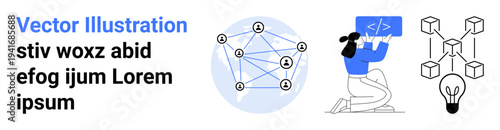 Technology, AI integration, programming, blockchain, innovation, digital solutions. Illustration of a network diagram, a person coding and blockchain elements. Programming and blockchain