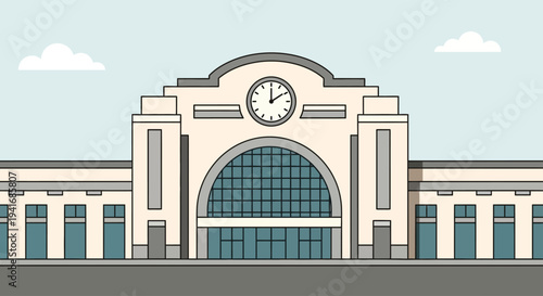 Train station building exterior with clock in flat illustration