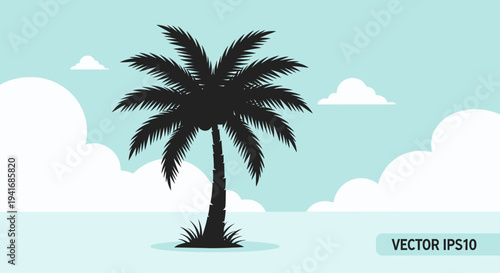 Tropical palm tree silhouette on a beach with blue sky