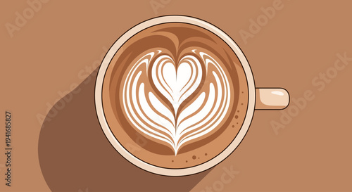 Top view coffee cup with heart latte art on brown table