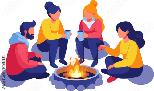 Group of friends relaxing around campfire with mugs