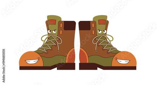 Two cartoon work boots with happy and angry faces