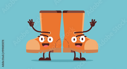Two happy cartoon work boots waving on a blue background
