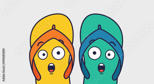 Two shocked cartoon flip-flops on gray background illustration