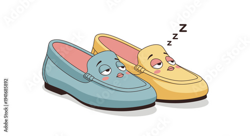 Two sleepy cartoon loafer shoes resting with Zzz symbol