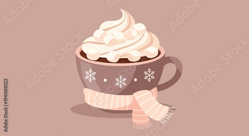 Warm hot chocolate mug with whipped cream and marshmallows