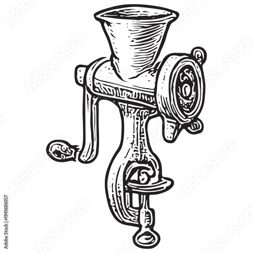 Vintage Hand Crank Meat Grinder Illustration – Butcher Shop Meat Processing Machine