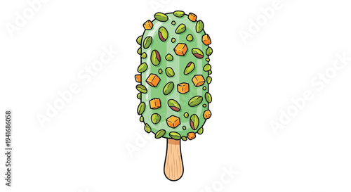 A vibrant illustrated pistachio ice cream bar on a wooden stick