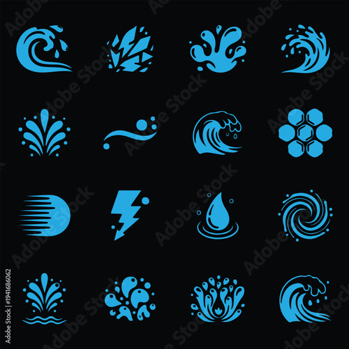 Blue water and energy icons set. Vector silhouettes of waves, liquid splashes, drops, ice, and lightning isolated on black background.