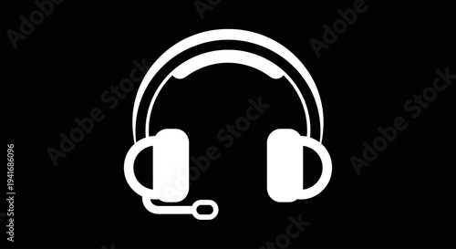 White headphones with microphone icon on black background