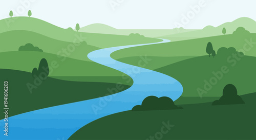 Winding river flowing through green hills under a bright sky