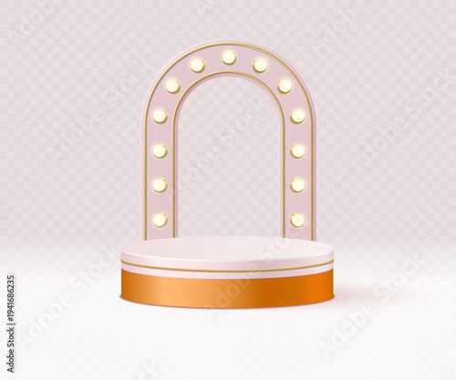 Realistic cylindrical stand in an arched window with glowing bulbs. A minimalist studio stand with a geometric platform for product display. Vector 3D illustration.