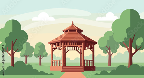 Wooden gazebo in park with trees and bushes during daytime