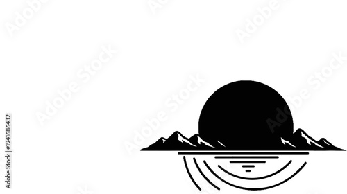 Minimalist black and white graphic of sun setting behind mountains over water