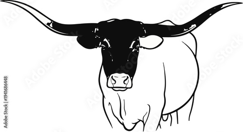 Minimalist black and white illustration of a longhorn cow's head and shoulders