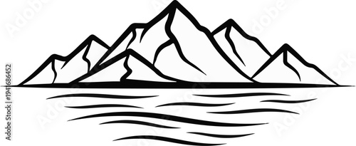 Minimalist black and white illustration of sharp mountain peaks reflected in calm water