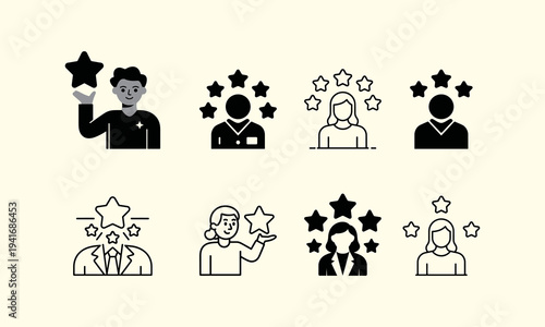 Diverse group of people interacting with stars representing ratings achievements or positive feedback high quality
