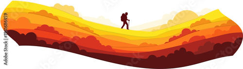 Hiker silhouette traverses a ridge during a golden sunset