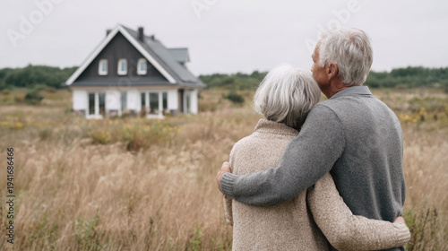 Rear view of an elderly couple embracing while looking at a countryside house across an open field, symbolizing retirement, homeownership and peaceful rural living.