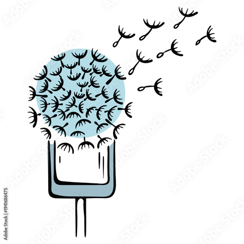 Freedom from smartphone and digital detox icon. Dandelion seeds flying out of a mobile device. Hand drawn doodle style.