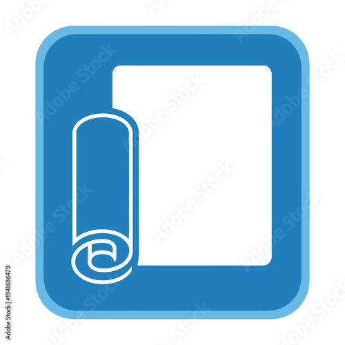 Blue square icon with white paper and rolled edge design element