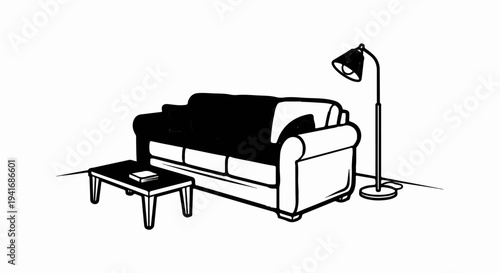 Minimalist line art depicting a couch, coffee table with a book, and floor lamp